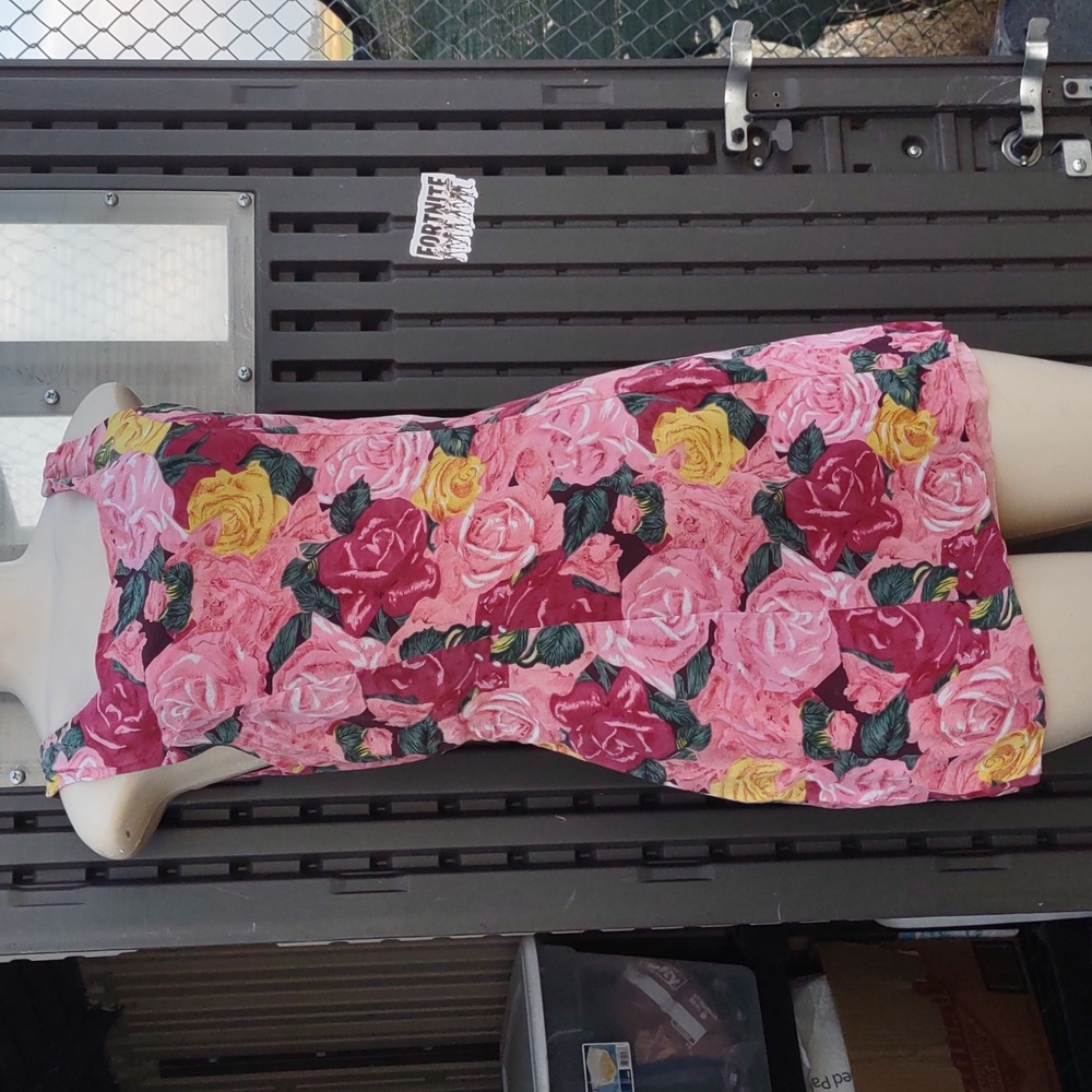 Marguerite Li silk mini dress w pink yellow red roses